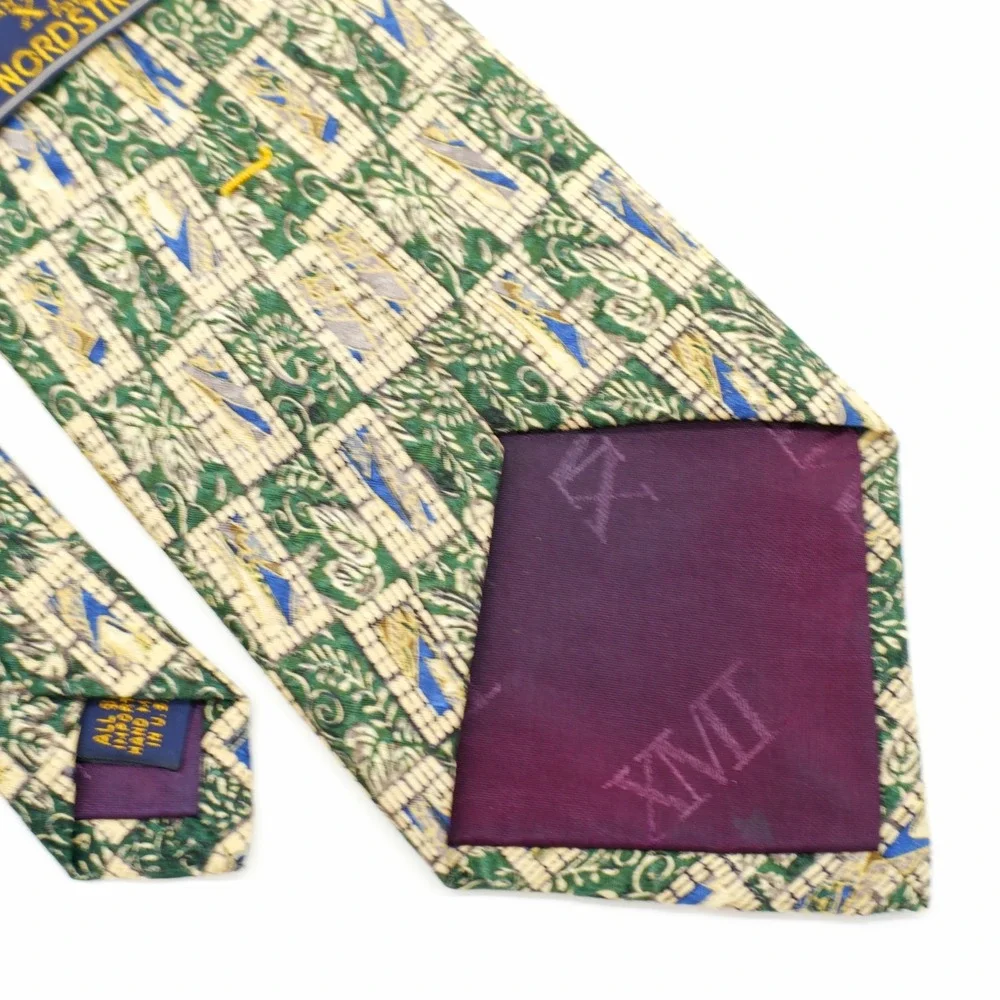 XMI Nordstrom Silk‎ Tie Green Tan Print Wide Geometric Abstract